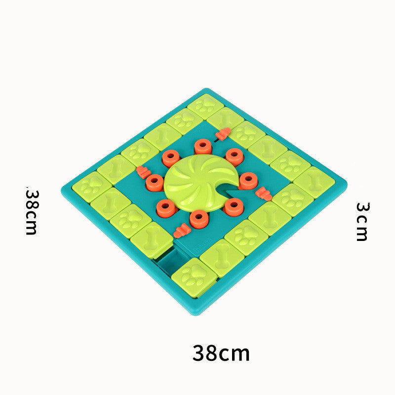 38cm dog puzzle feeding toy with sliding tiles, round treat wheel, teal and lime