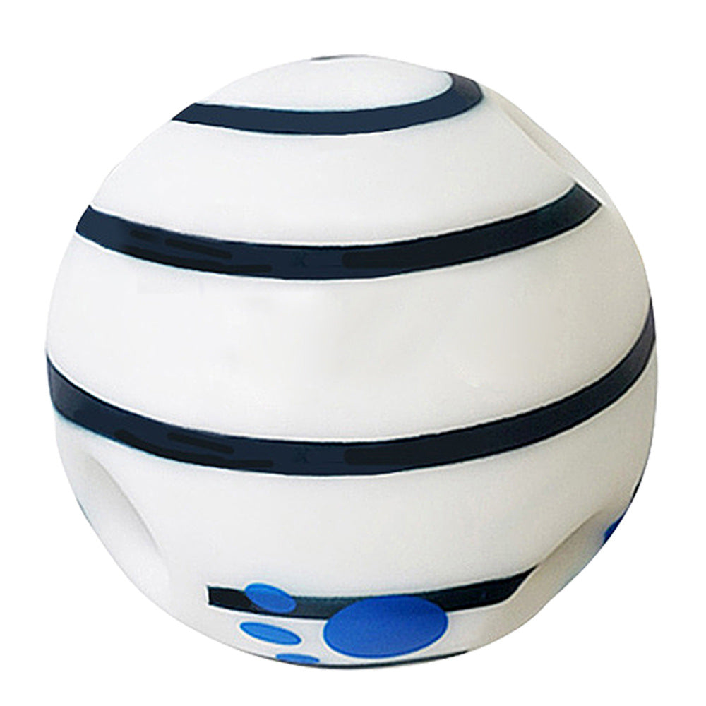 White dog toy ball with black stripes and blue paw print accents