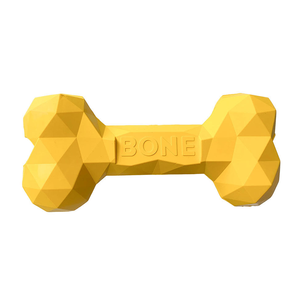 Yellow rubber bone dog toy with raised BONE lettering, faceted grip
