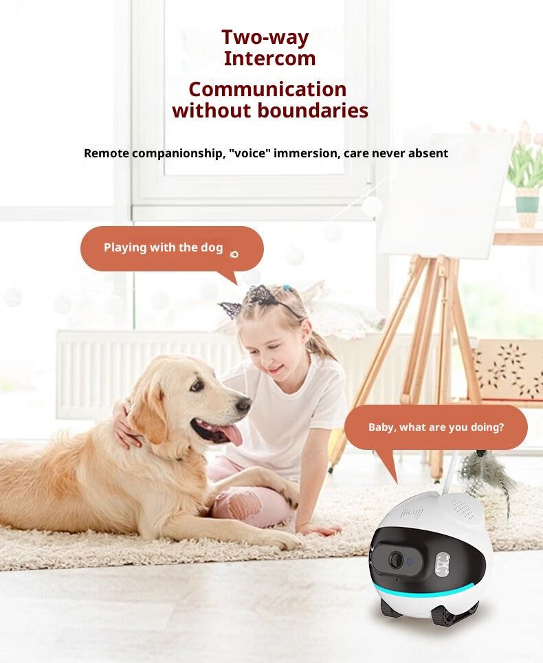 Two-way intercom pet camera, white and black dome with mic speaker vents and blue LED ring