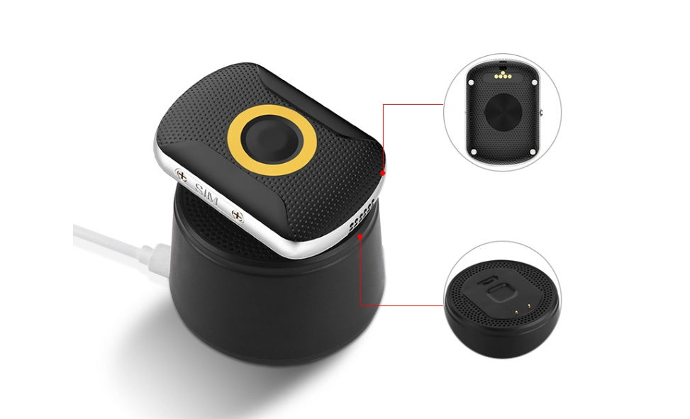 GPS-Tracker mit gelbem Ring und abgedecktem Anschluss, Teilansicht