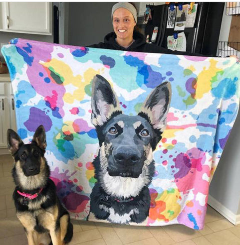 Pet blanket with large German shepherd graphic and colorful paint-splash pattern