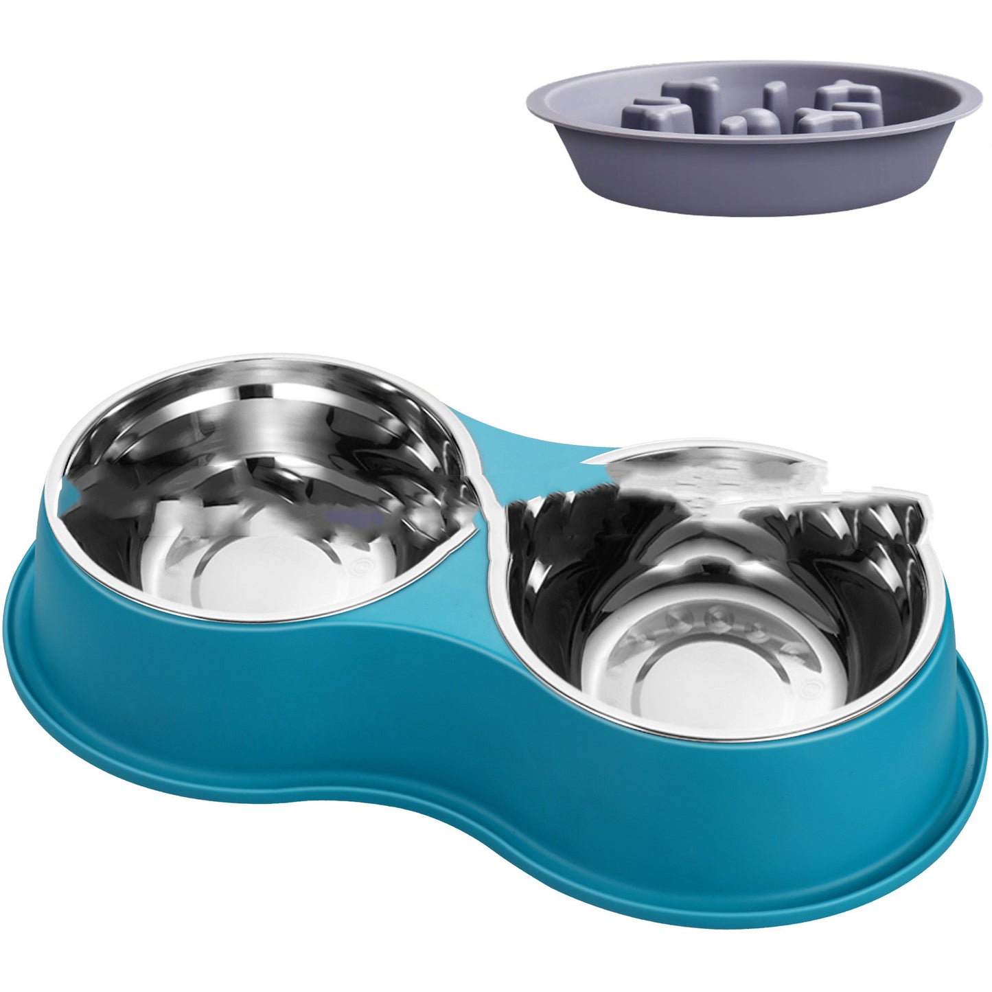 Lake blue slow-feeding pet bowl: two stainless steel bowls with maze insert