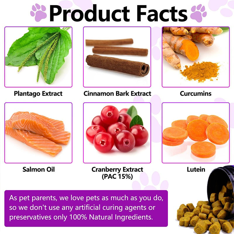 Ingredient product-facts grid showing leaf, cinnamon bark, salmon oil, and fruit extracts