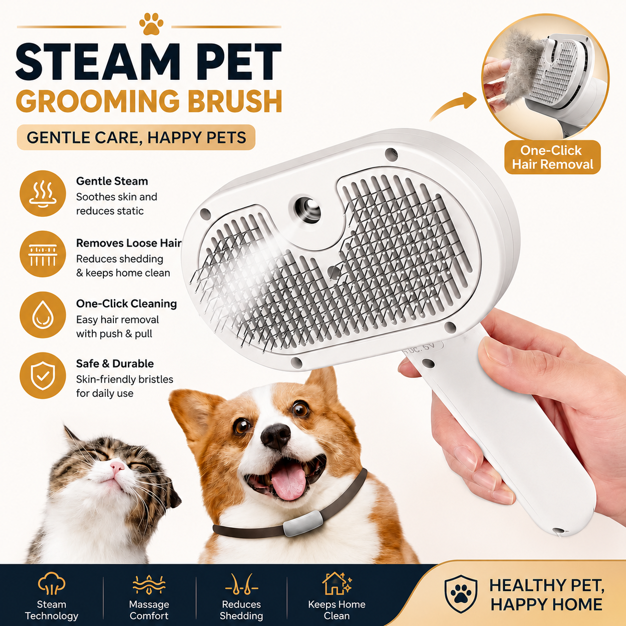 3-in-1 Cat Dog Steam Brush | Mist Grooming & Pet Hair Remover FurClean Pro™