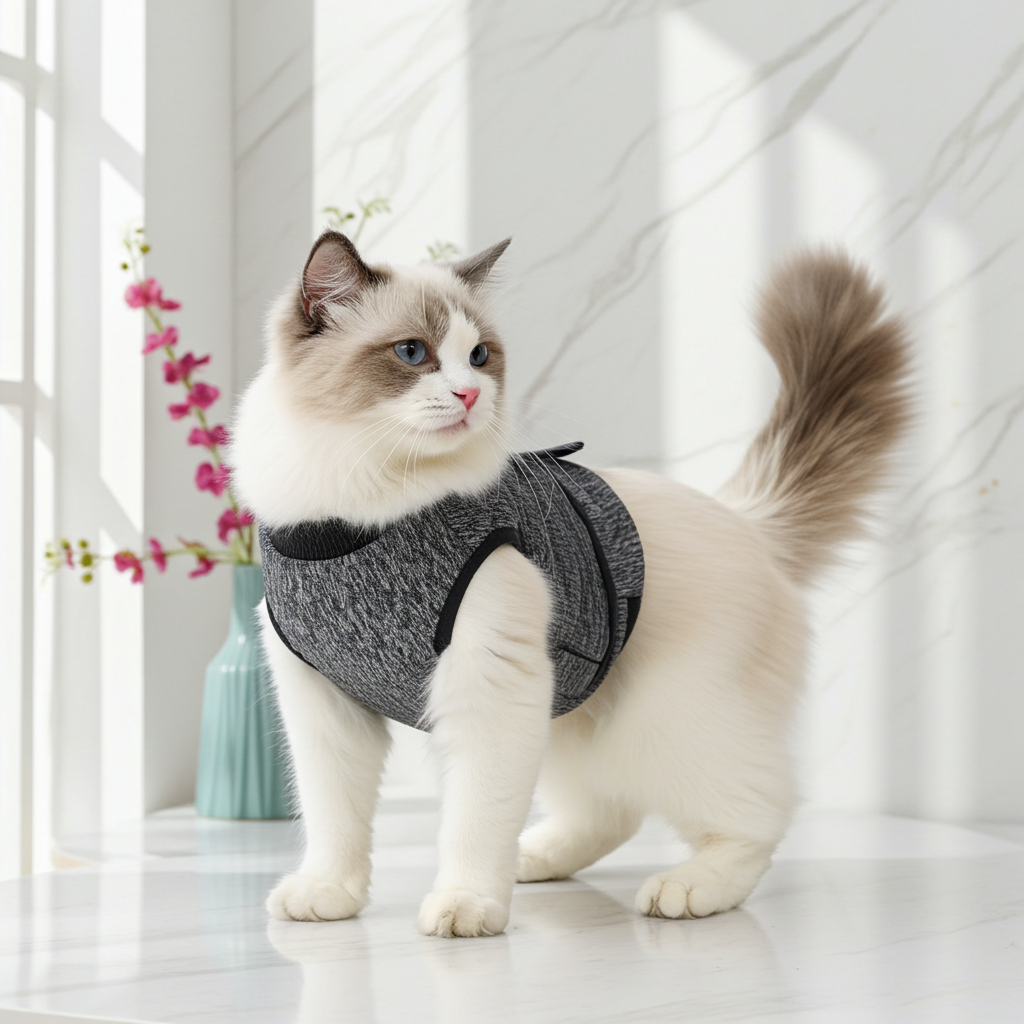 Dark gray adjustable cat calming vest, cat standing with belly belt visible
