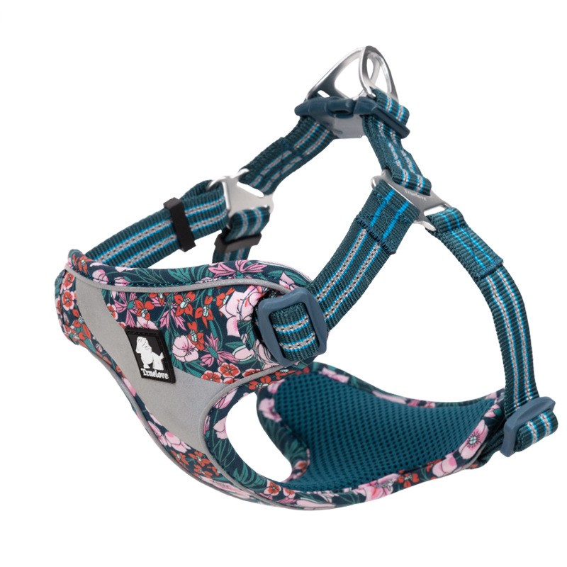 Teal floral dog chest harness with pink blossoms, gray padding, front D-ring, buckles