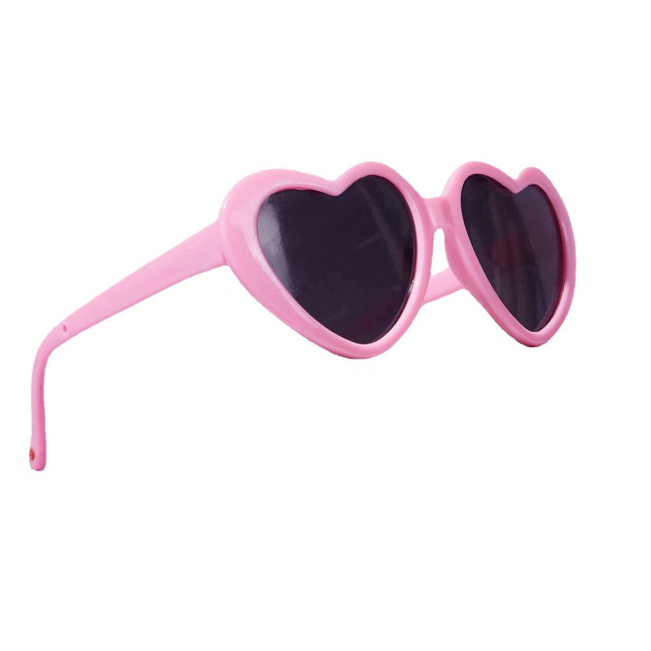 Roseo pink heart-shaped pet sunglasses with dark lenses, side view
