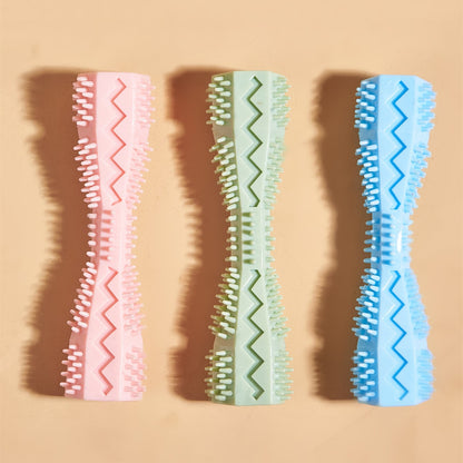 Chew toys set in pink, green, and blue with textured bristle strips