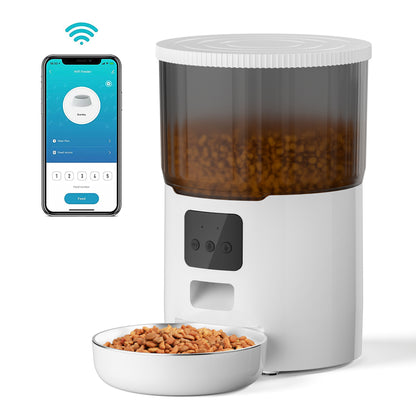 WiFi automatic pet feeder with white base, clear drum, and smartphone feeding app