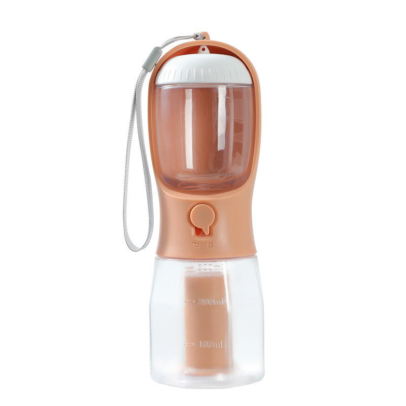 3-in-1 portable dog water & food cup in Orange Pink, with lanyard and dispenser spout