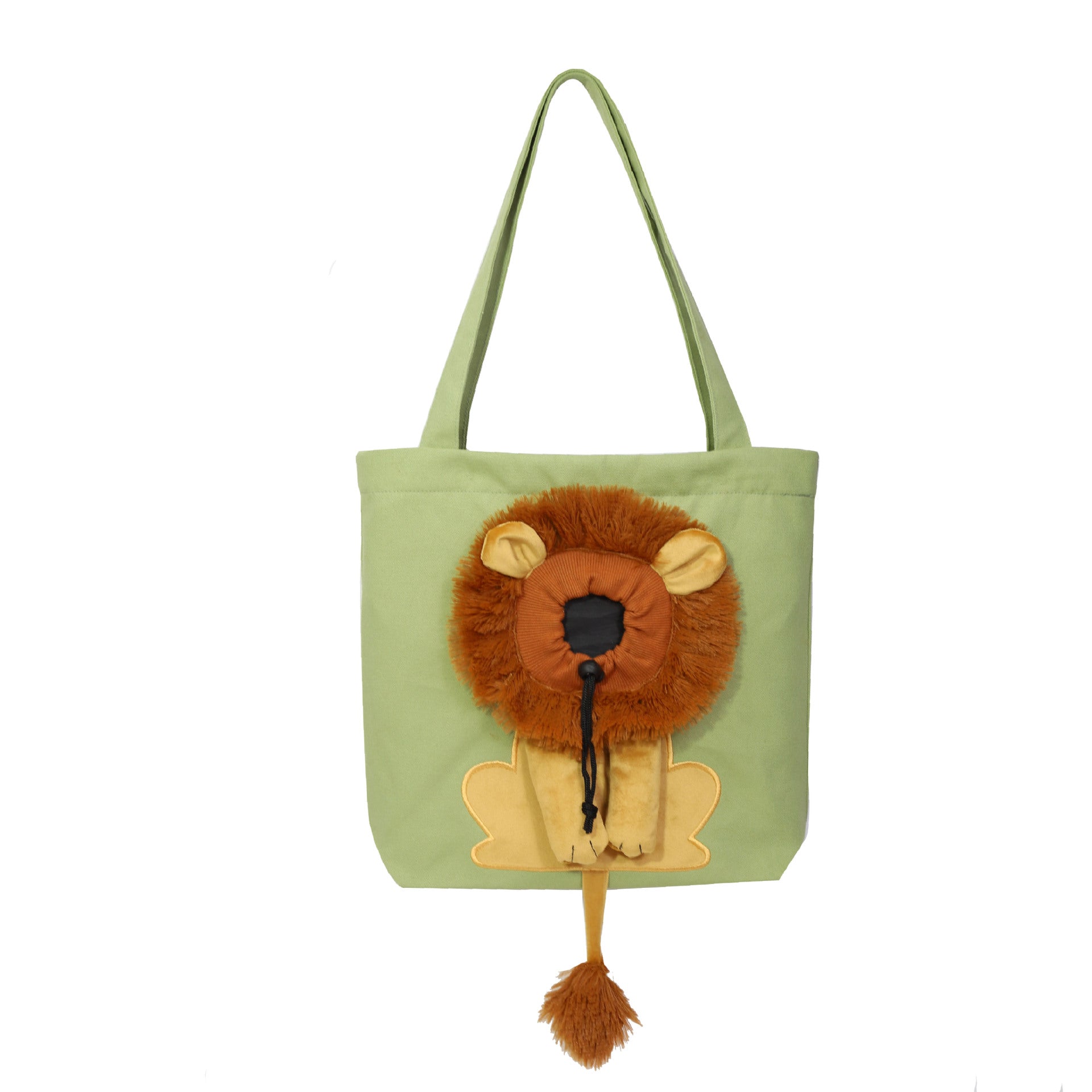Light green pet carrier tote with lion face plush and hanging pom-pom tassel