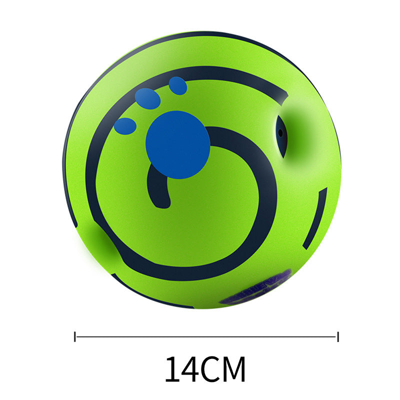 14cm green dog toy ball with blue emblem pattern and side opening