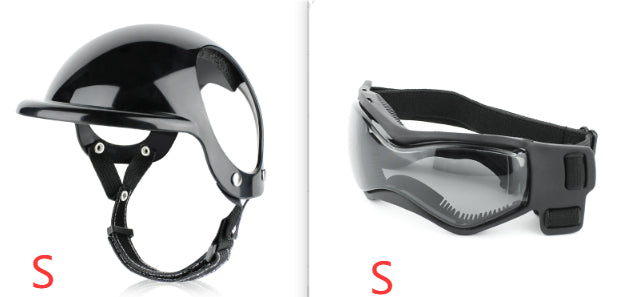 Pet safety helmet sizes shown: black helmet (S) and matching face shield visor (S)