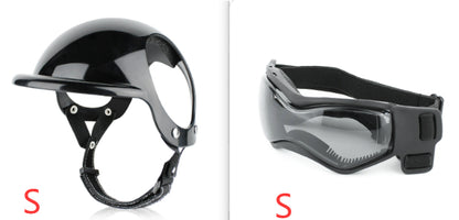 Pet safety helmet sizes shown: black helmet (S) and matching face shield visor (S)