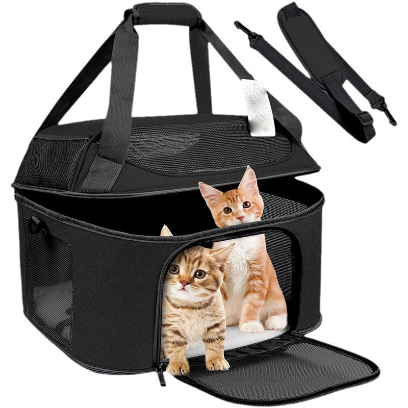 Black breathable pet backpack carrier with front mesh window, base mat, and carry straps
