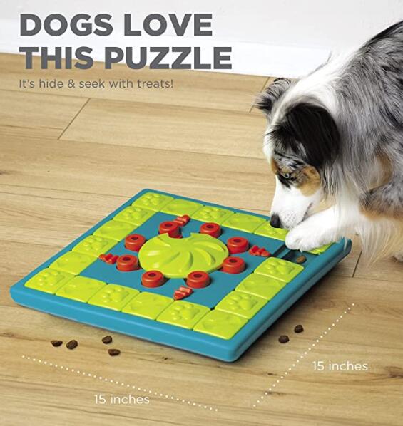 Dog puzzle feeding toy with sliding tiles, red treat wheels on teal-green board