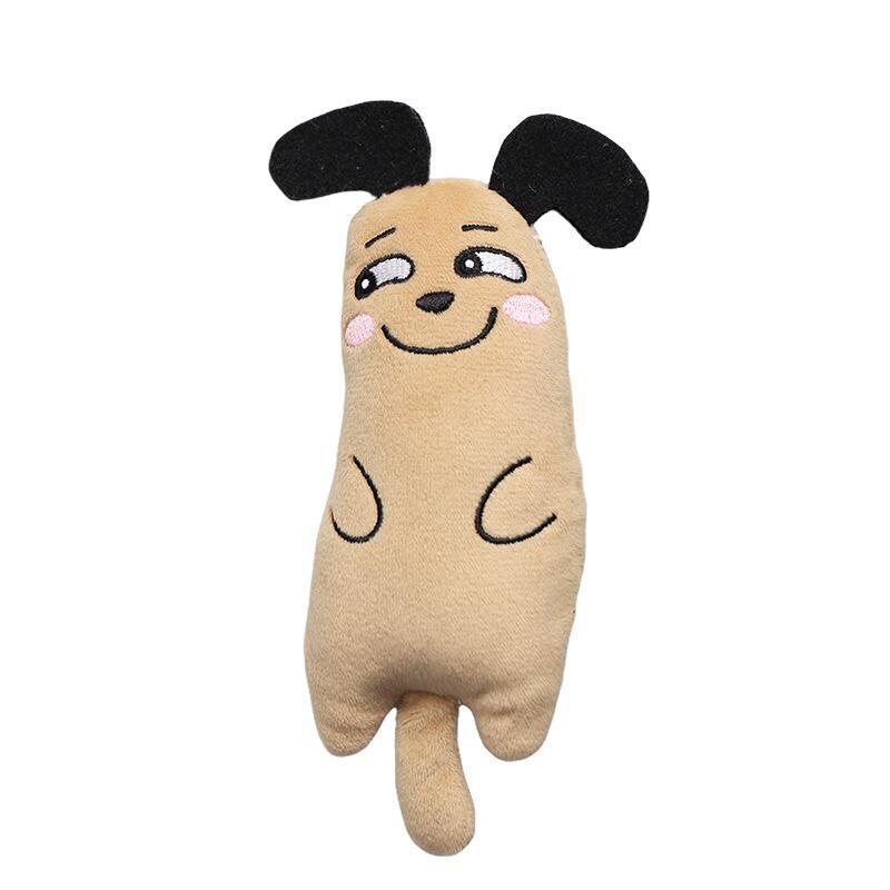 Beige khaki cat plush with friendly embroidered face, black ears, and paws.