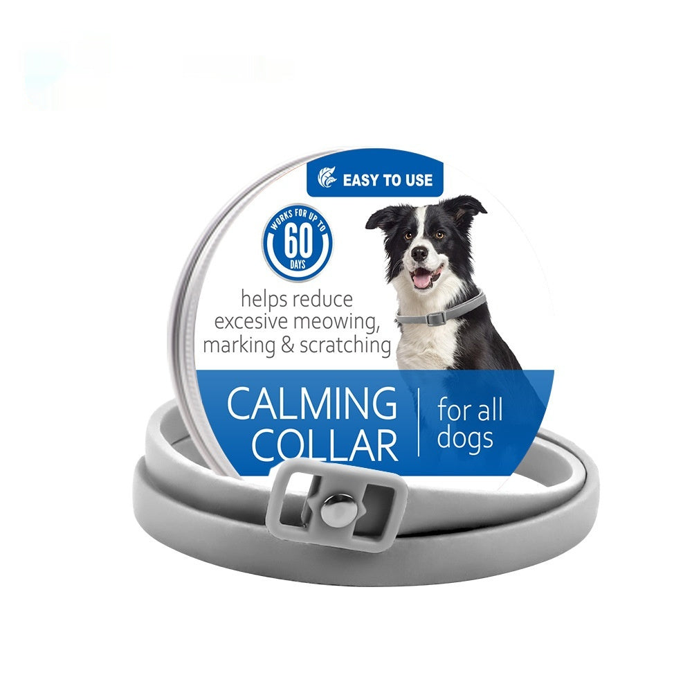 Gray calming collar with buckle, dog shown on packaging card