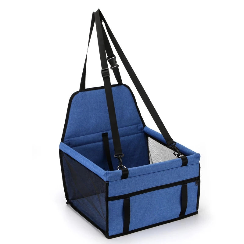 Blue foldable pet safety seat car bag with padded seat and side safety straps
