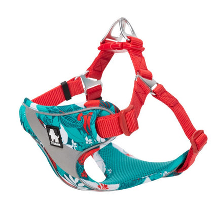 Red-and-teal floral dog chest harness, gray padded panel, adjustable straps, front D-ring