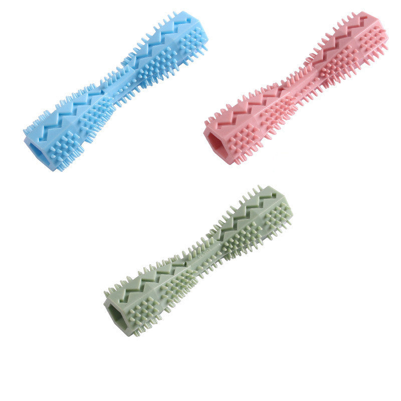 Pink, blue, and green chew toys showing spiked ridged bristle surfaces