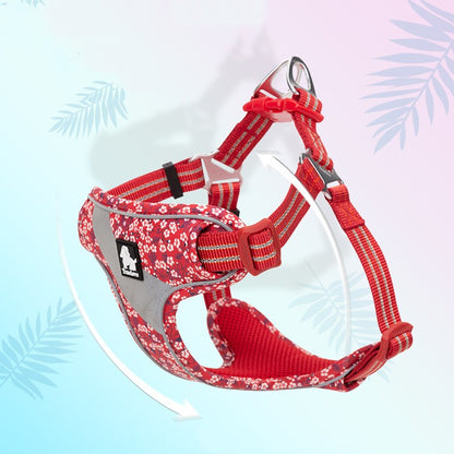 Red floral dog chest harness with striped straps, front metal D-ring, adjustable buckles