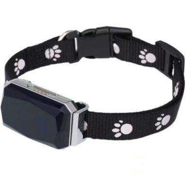Beidou GPS pet positioning collar, black fabric strap with paw prints and tracker