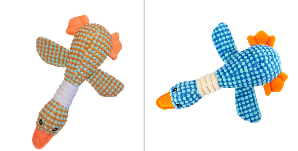 Blue plush dog molar toy with orange feet and dotted textured fabric.
