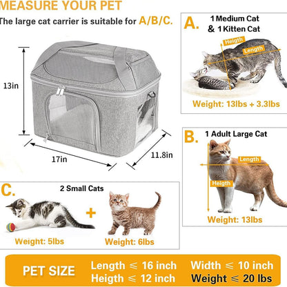 Gray pet carrier size diagram with height and length measurements for cats