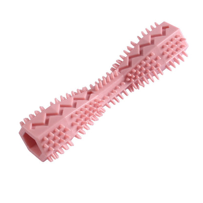 Pink dog chew toy with ridged spine and small bristle studs
