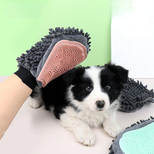 2-in-1 pet bathing brush glove, gray chenille side with pink silicone bristles