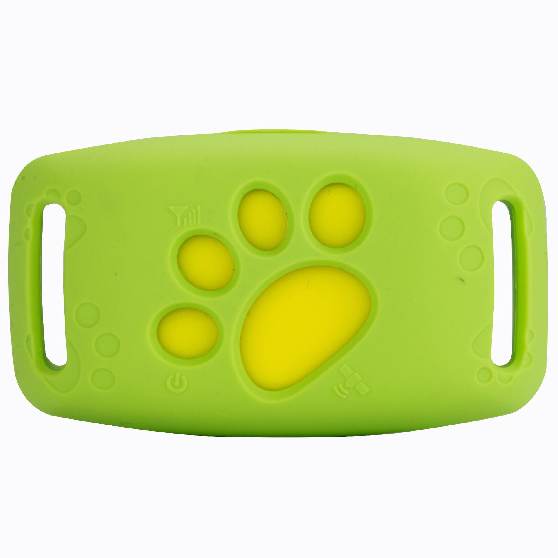 Grass green waterproof GPS pet tracker case with yellow paw print design