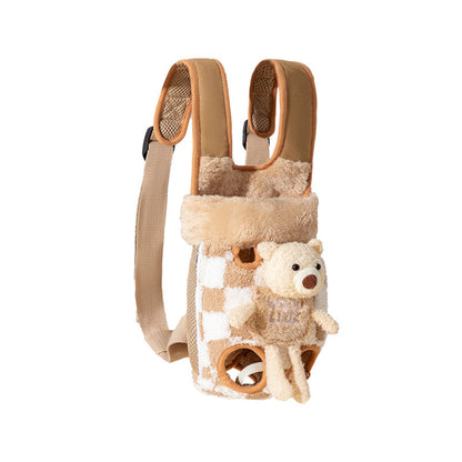 Front-facing plush pet carrier backpack, tan fleece with bear patch and leg openings