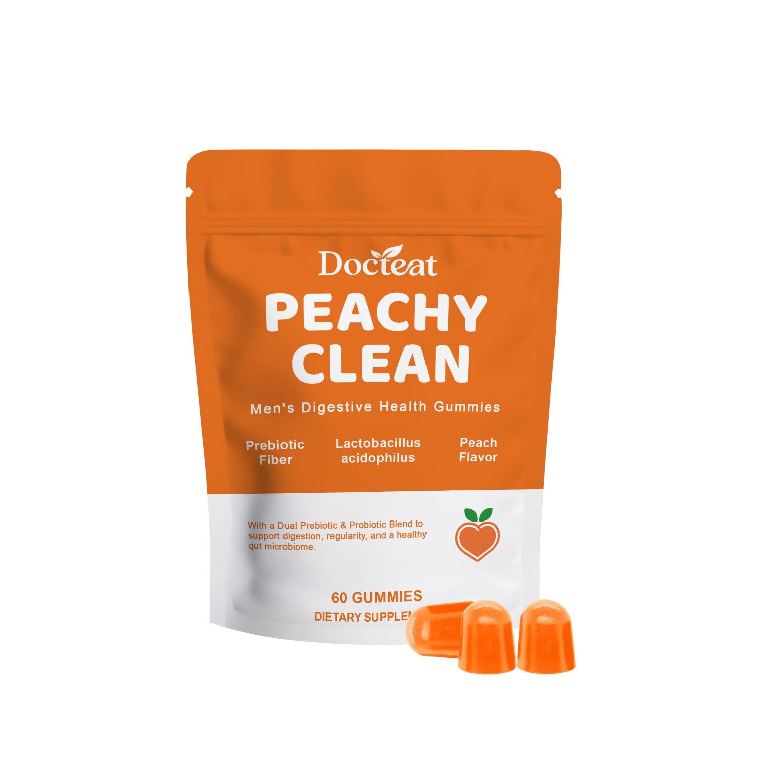 Doc•teat Peach Clean pouch label and 60 gummies; orange gummy shapes at bottom