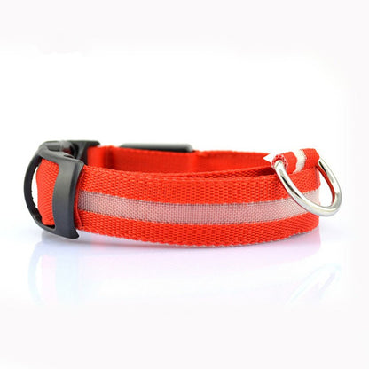 Red pet safety collar with reflective white stripe and silver D-ring