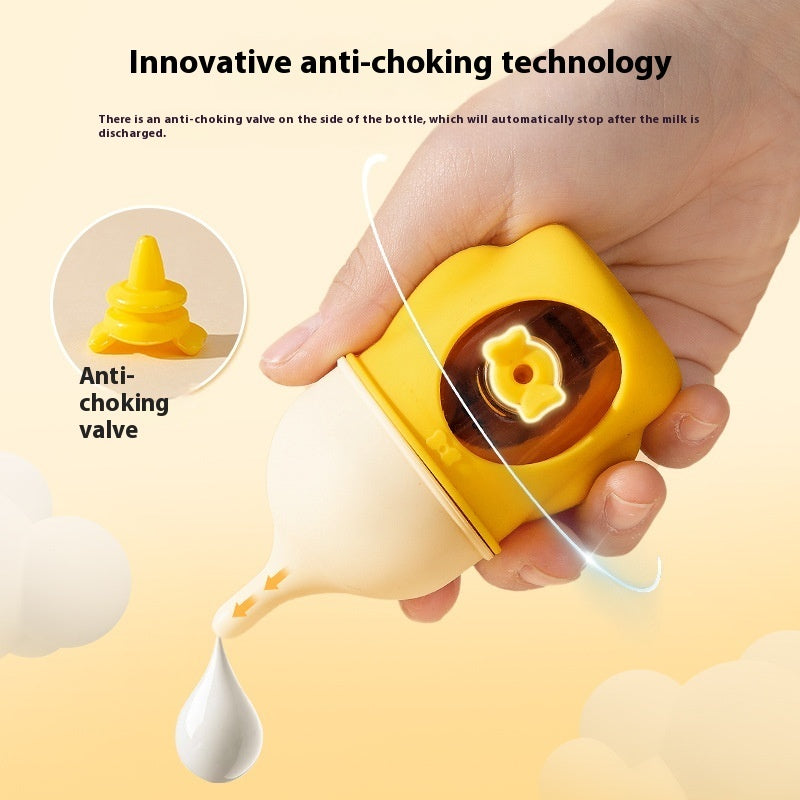 Yellow 80ml anti-choking silicone feeding bottle with anti-choke valve and nipple