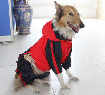 Large dog raincoat, rojo con paneles negros y cierre frontal con botones