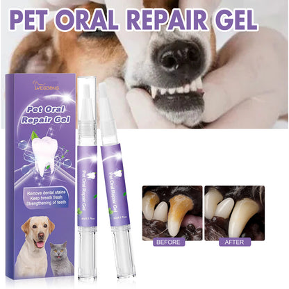 Pet Oral Repair Gel box with two clear tubes and dental before/after tooth photos