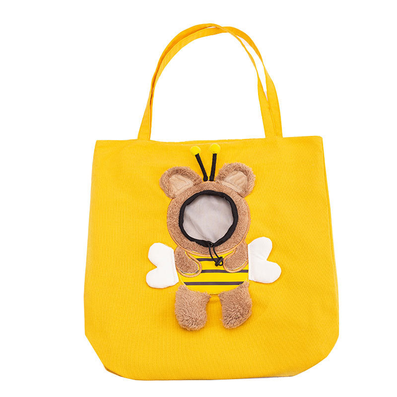 Yellow pet carrier tote bag front view with plush animal face applique
