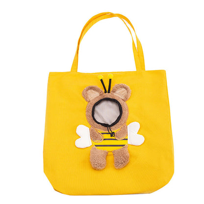Yellow pet carrier tote bag front view with plush animal face applique