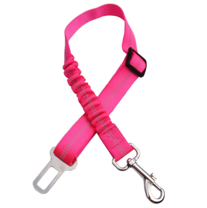 Pink adjustable reflective dog car seat belt with metal hook and locking buckle.