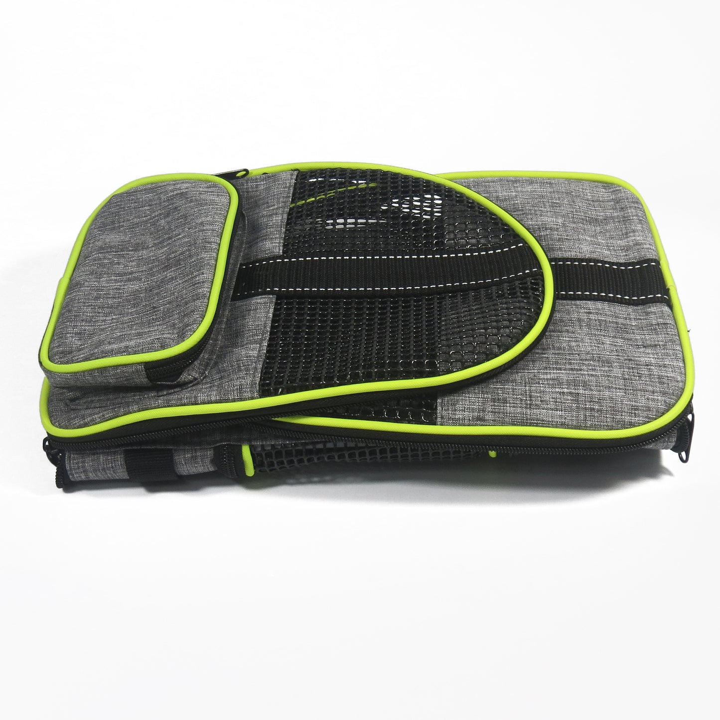 Grey folding pet carrier with neon green piping, mesh top window and zip cover