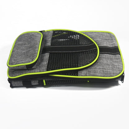 Grey folding pet carrier with neon green piping, mesh top window and zip cover