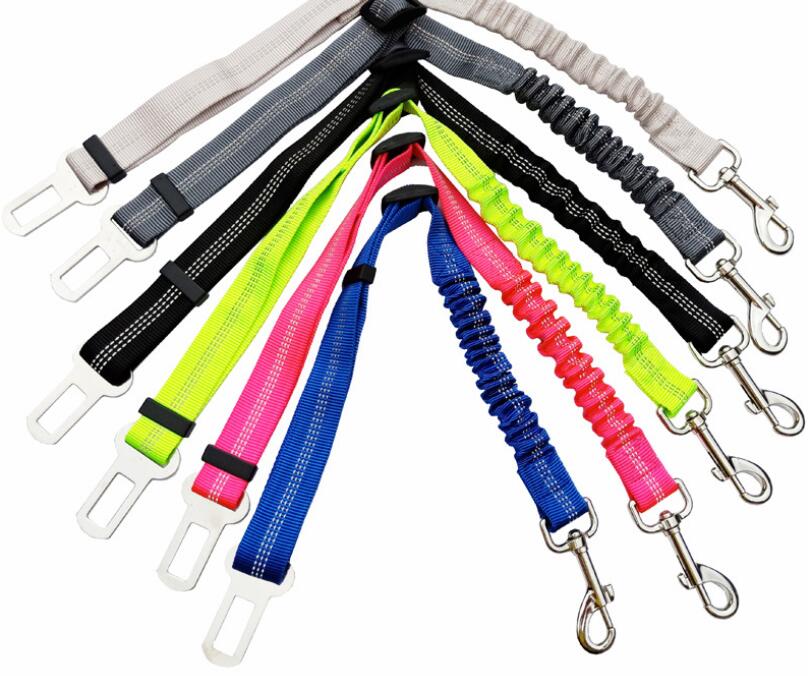 Adjustable reflective dog car seat belt, assorted colors with metal clips and buckles.