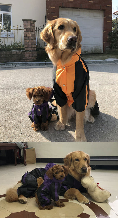 Large dog raincoat, naranja y negro con capucha y cierre frontal
