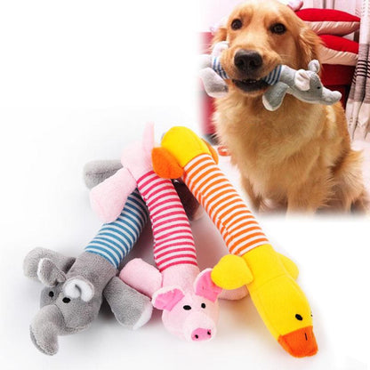 Funny dog squeak plush toy with yellow, pink, and blue striped legs and faces