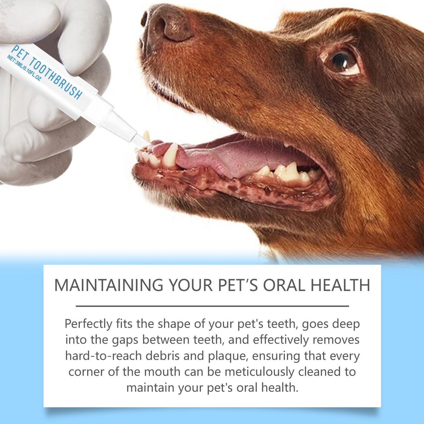 Soft Breath Care Pet Toothbrush Pen applying to dog teeth, reaching between teeth