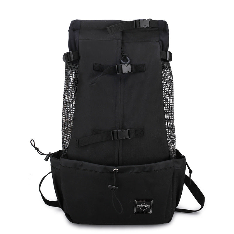 Black dog backpack carrier with mesh side panels, top straps, and front pocket