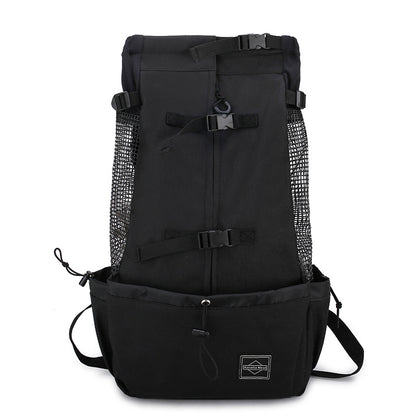 Black dog backpack carrier with mesh side panels, top straps, and front pocket